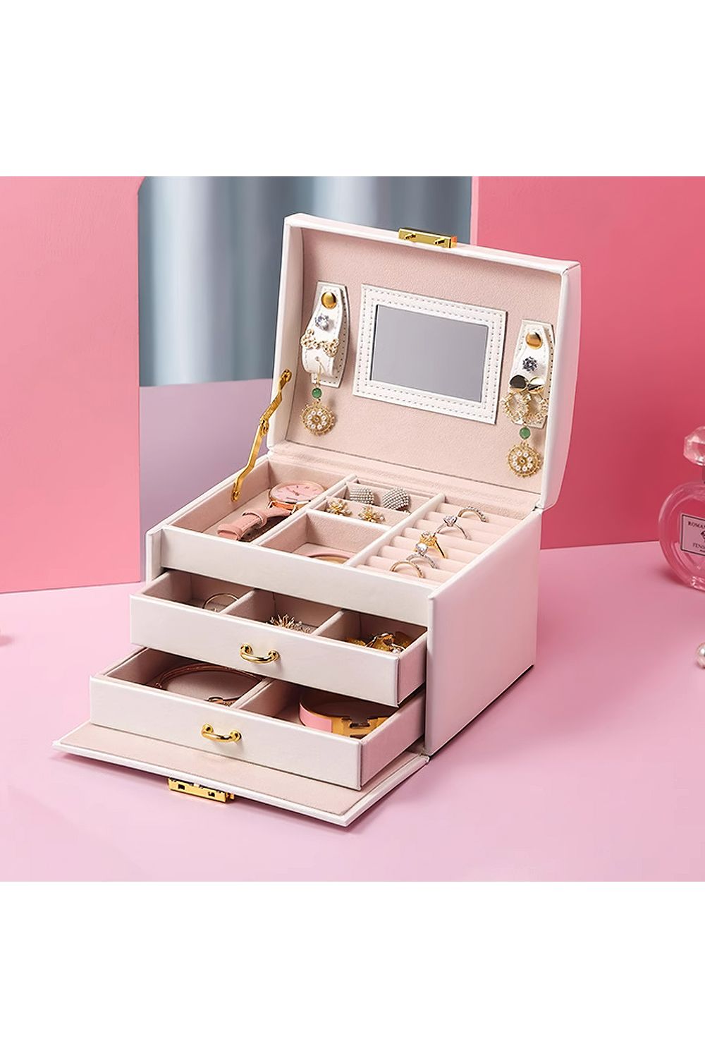 SHEONLY White PU Leather Jewellery Box with Mechanism Key Lock image 2