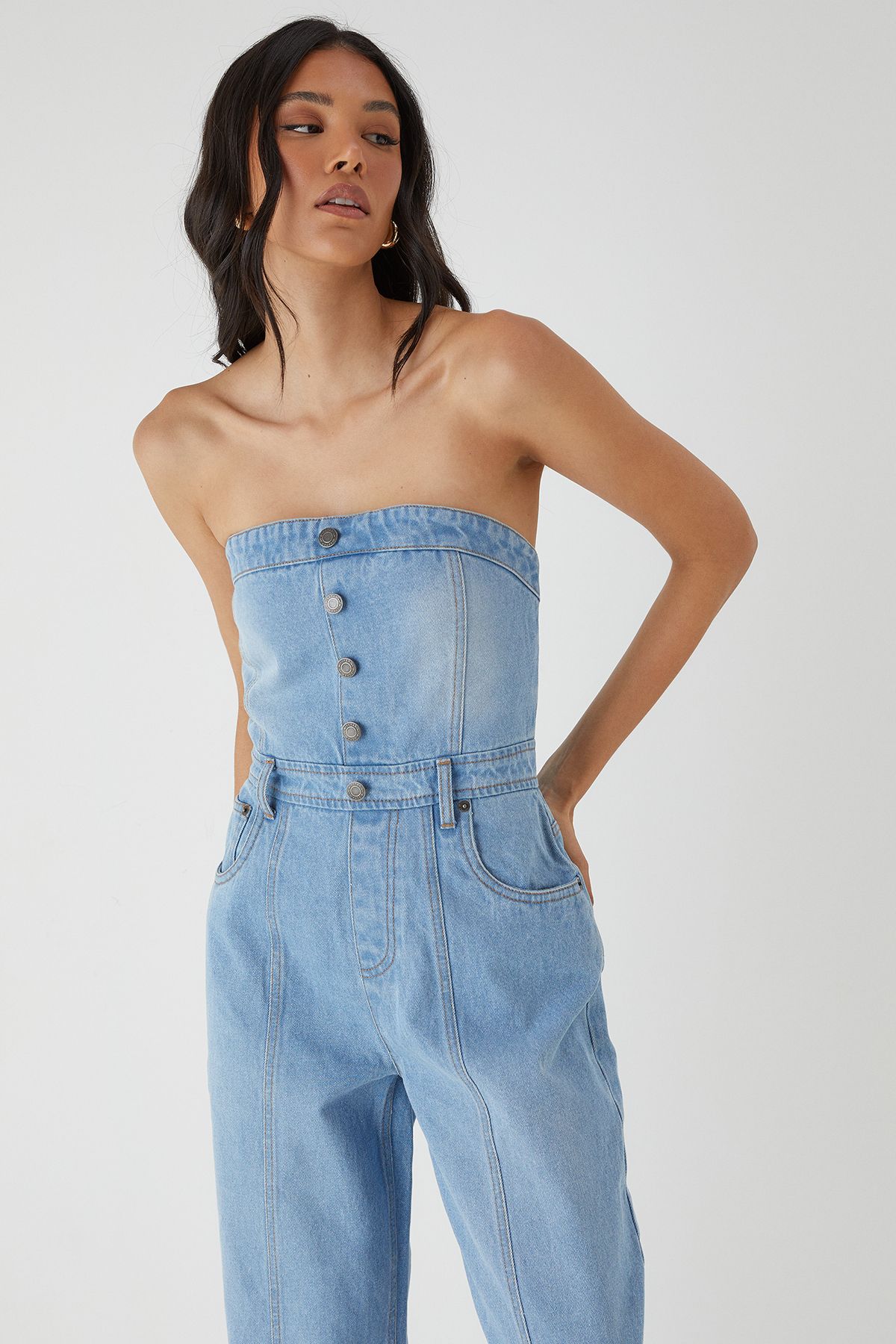 MissPap Denim Button Front Bandeau Jumpsuit Light Wash image 2