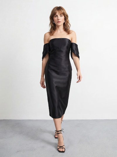 Warehouse Petite Structured Puff Sleeve Bardot Midi Dress Black