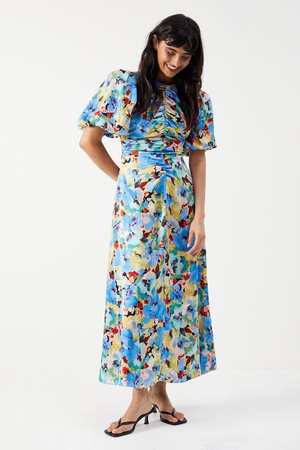 Warehouse Satin Ruched Front Puff Sleeve Midi Dress Floral image 1