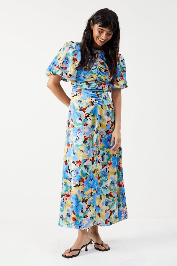 Warehouse Satin Ruched Front Puff Sleeve Midi Dress Floral