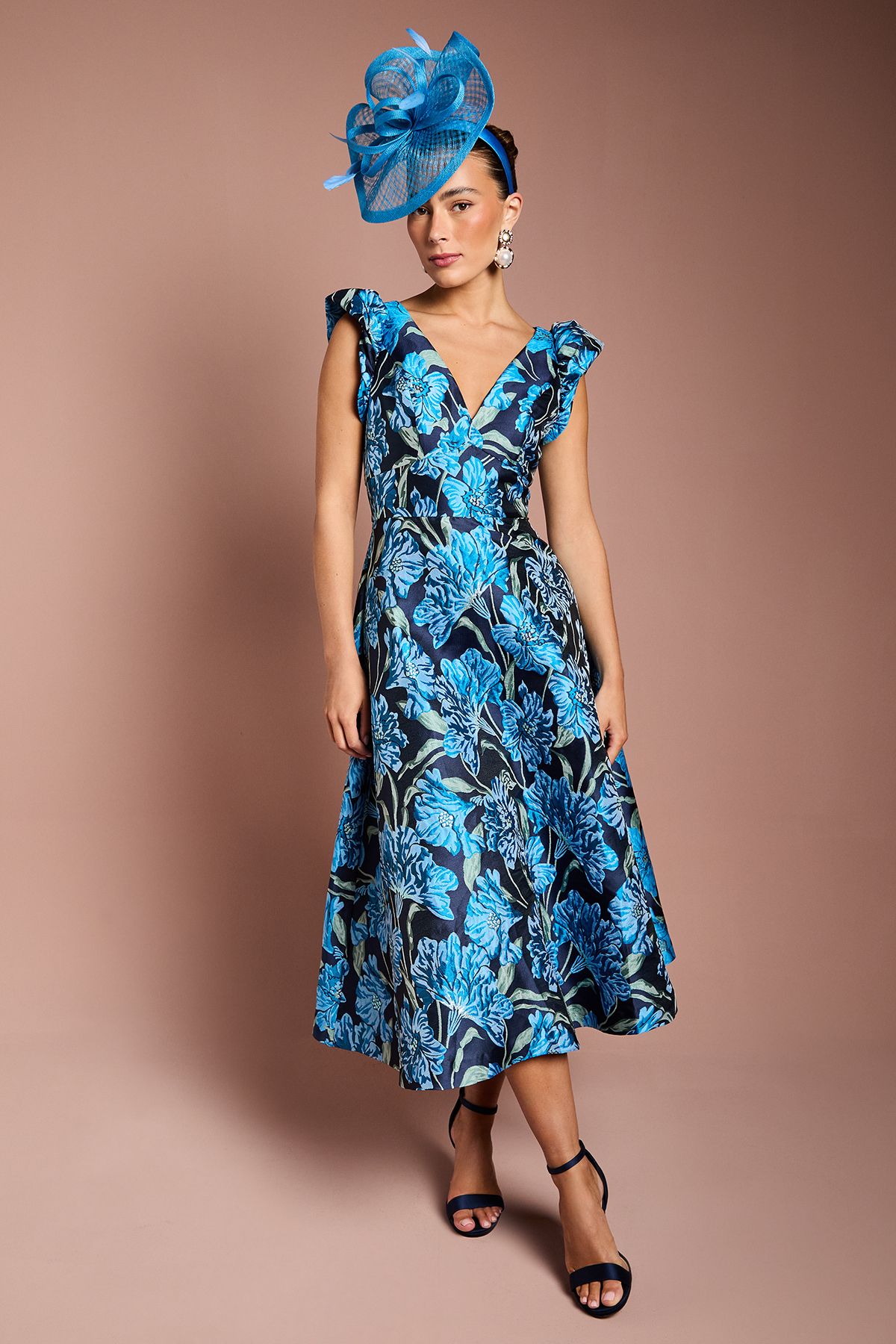 Coast V Neck Floral Jacquard Midi Dress Blue image 1