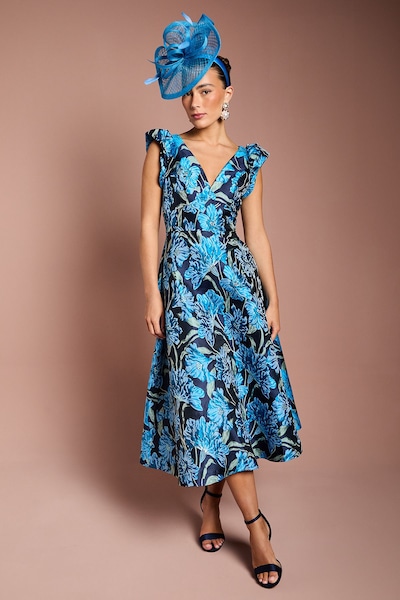 Coast V Neck Floral Jacquard Midi Dress Blue