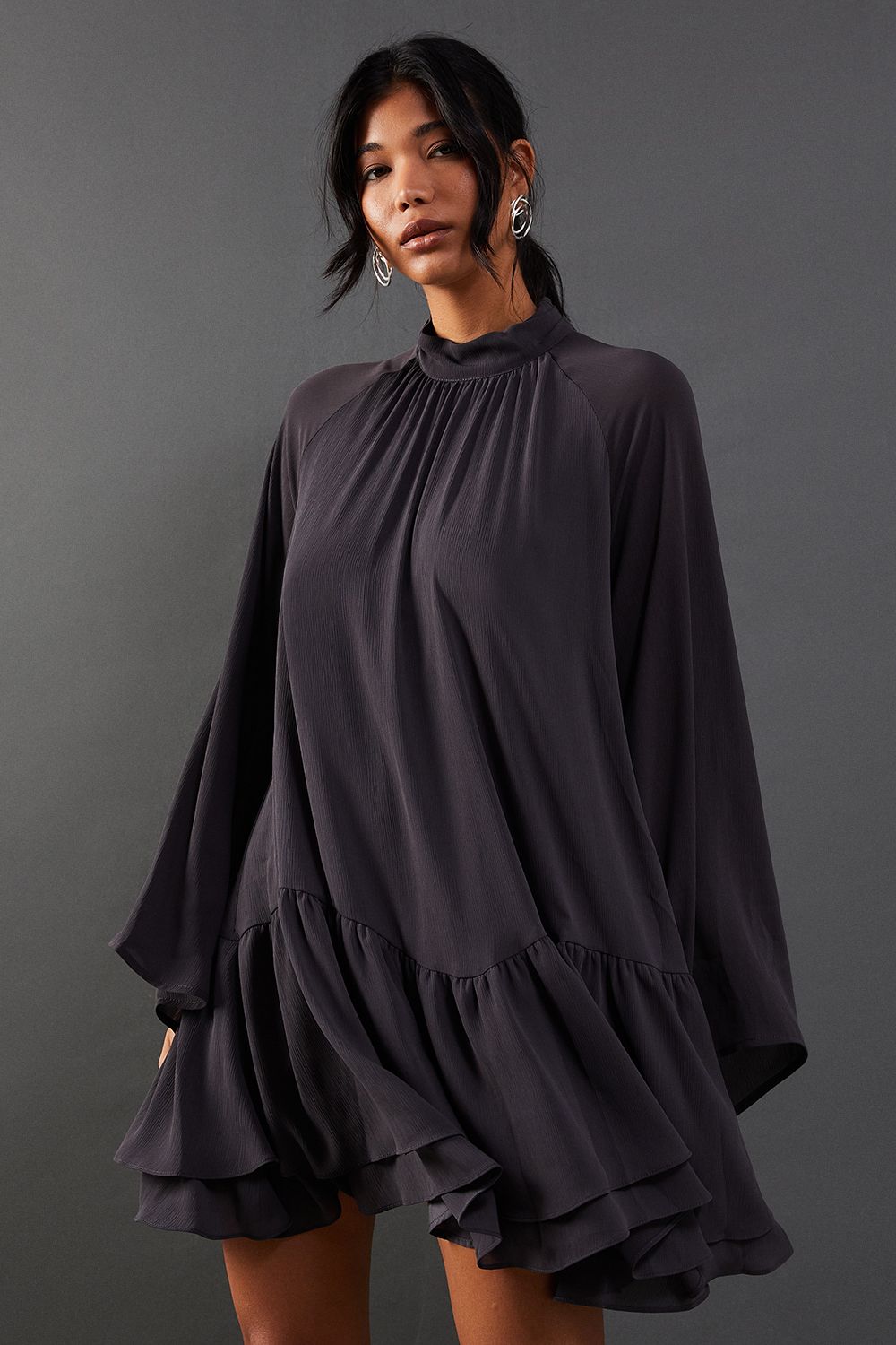 Warehouse Chiffon Drop Hem High Neck Flare Sleeve Mini Swing Dress Grey image 1