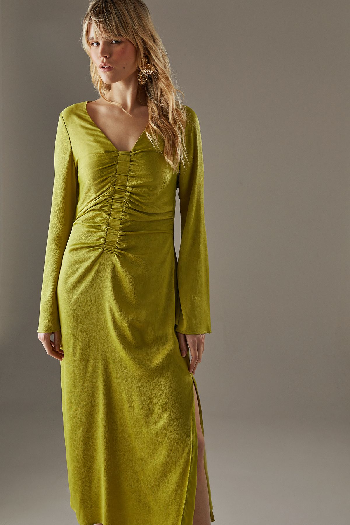 Warehouse Crinkle Satin Ruched Front Column Midi Dress Chartreuse image 1