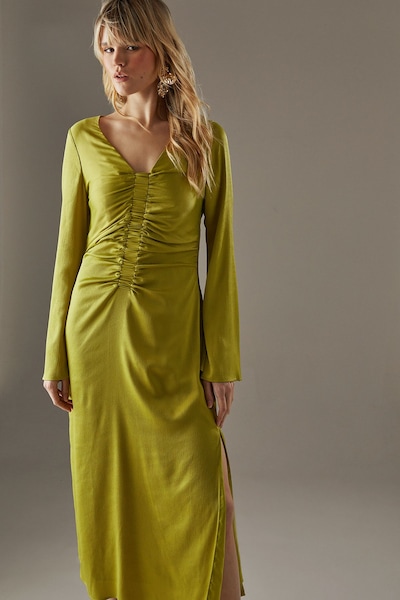 Warehouse Crinkle Satin Ruched Front Column Midi Dress Chartreuse