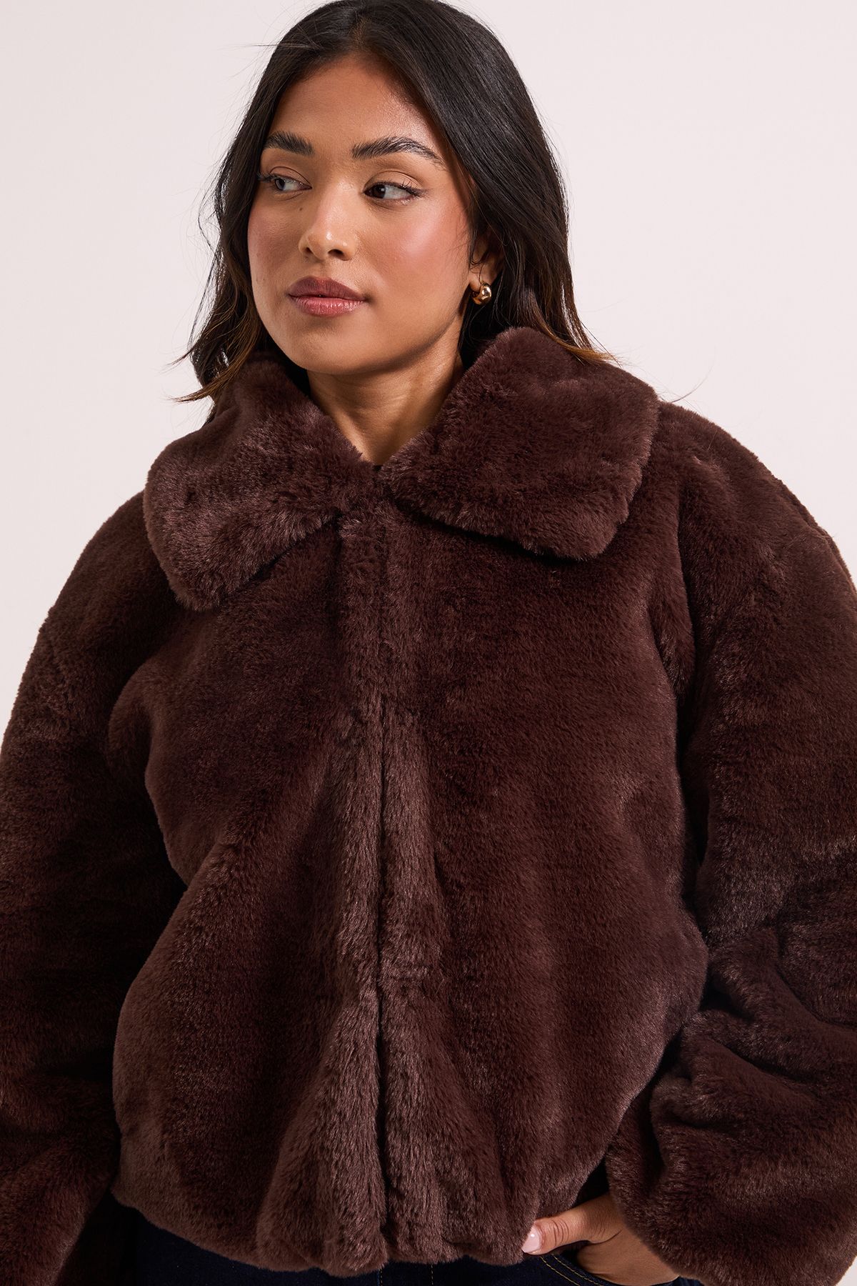 Dorothy Perkins Petite Faux Fur Coat Chocolate image 2
