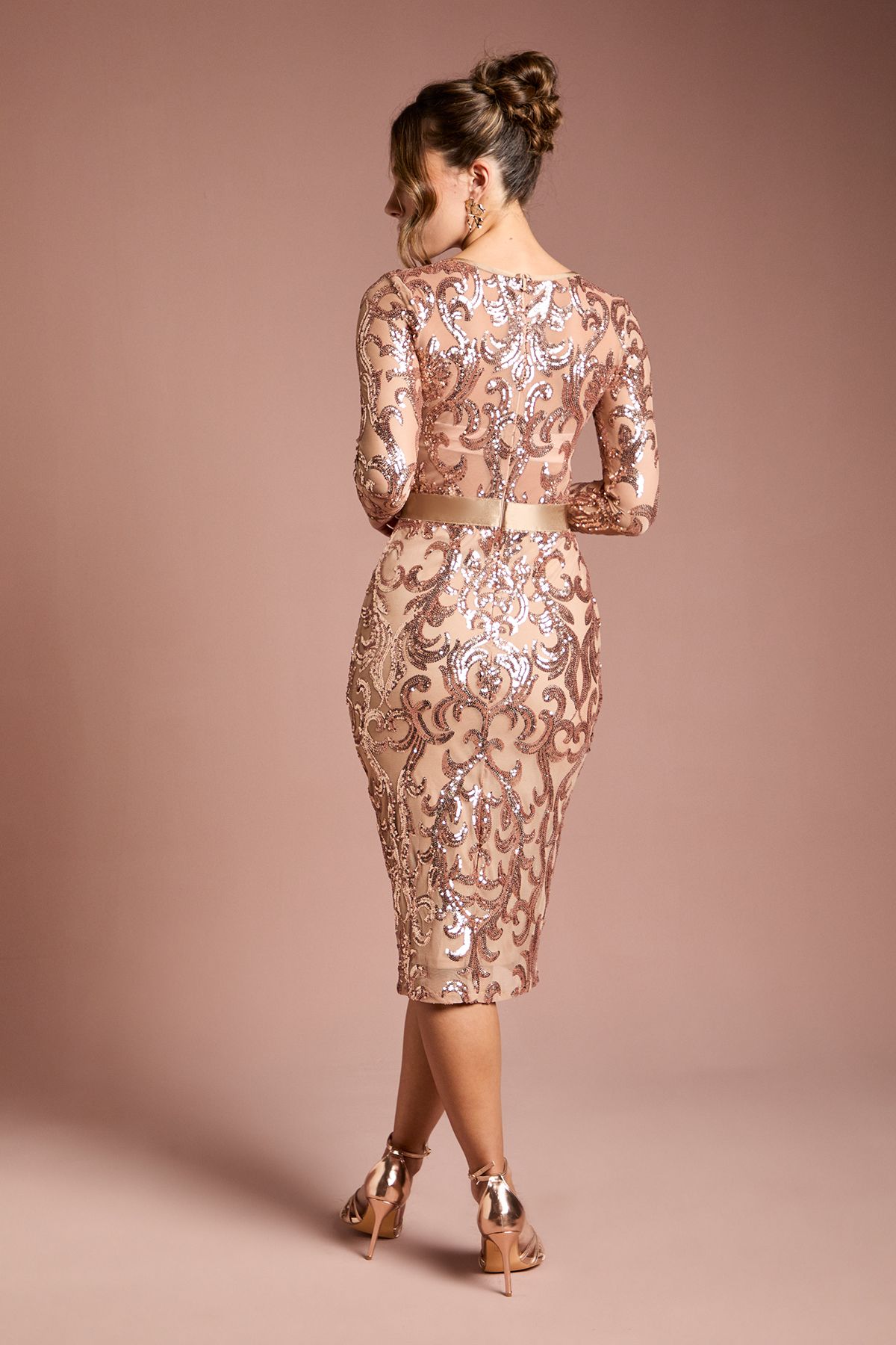 Coast Long Sleeve Bodycon Sequin Midi dress Champagne image 3