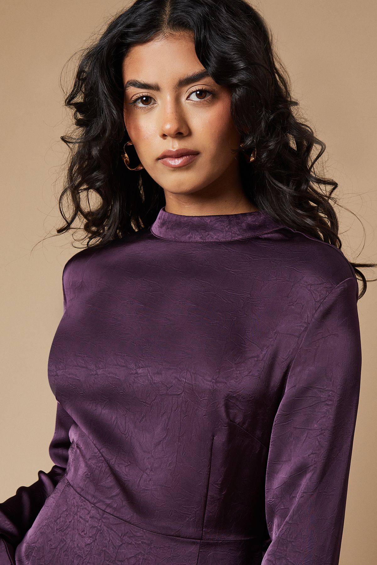 Oasis Petite Satin High Neck Twist Back Midi Dress Purple image 2