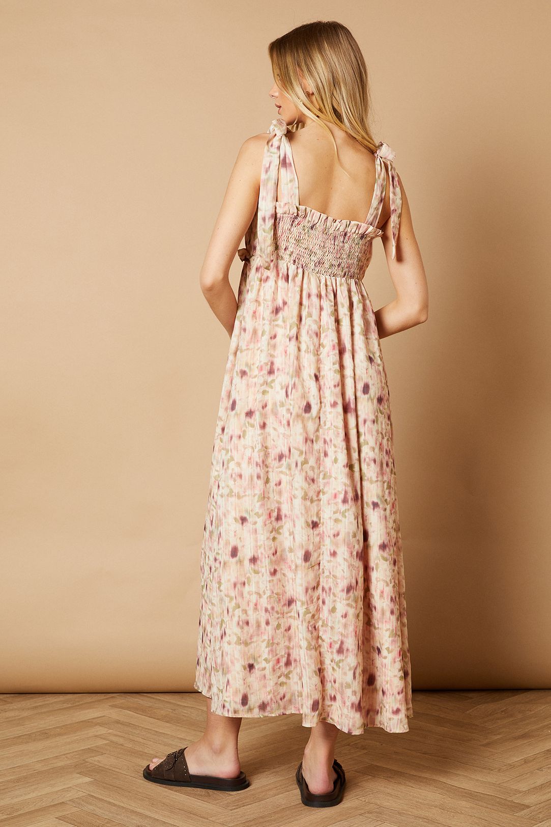 Oasis Printed Shirred Back Strappy Midi Dress Blush image 3