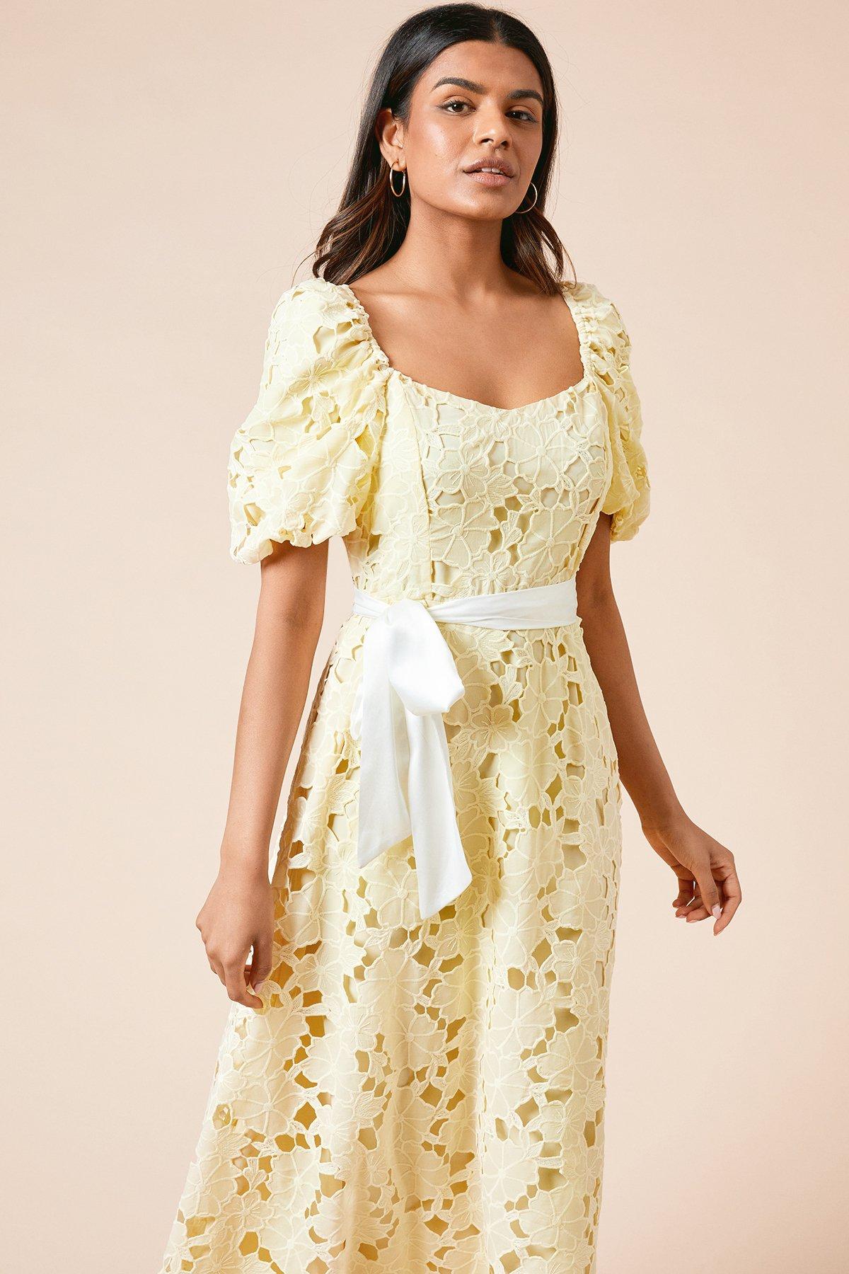 Dorothy Perkins Petite DP Luxe Cutwork Lace Contrast Belt Midi Dress Lemon image 2