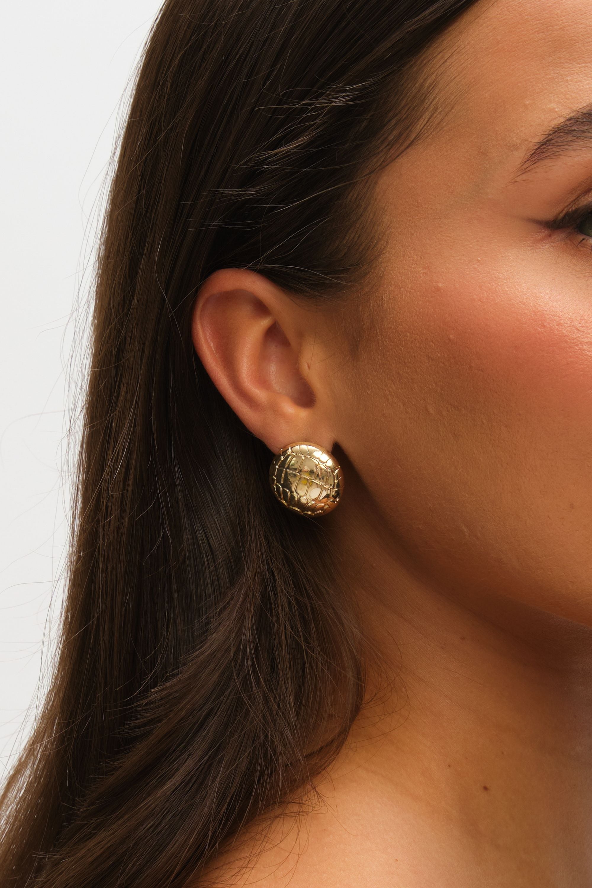 Mood Gold Polished Snake Textured Round Dome Earrings image 2