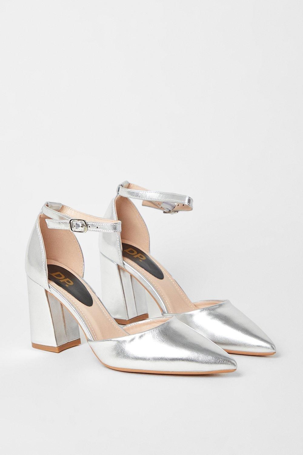 Dorothy Perkins Blanche Ankle Strap Pointed High Block Heel Court Shoes Silver image 3