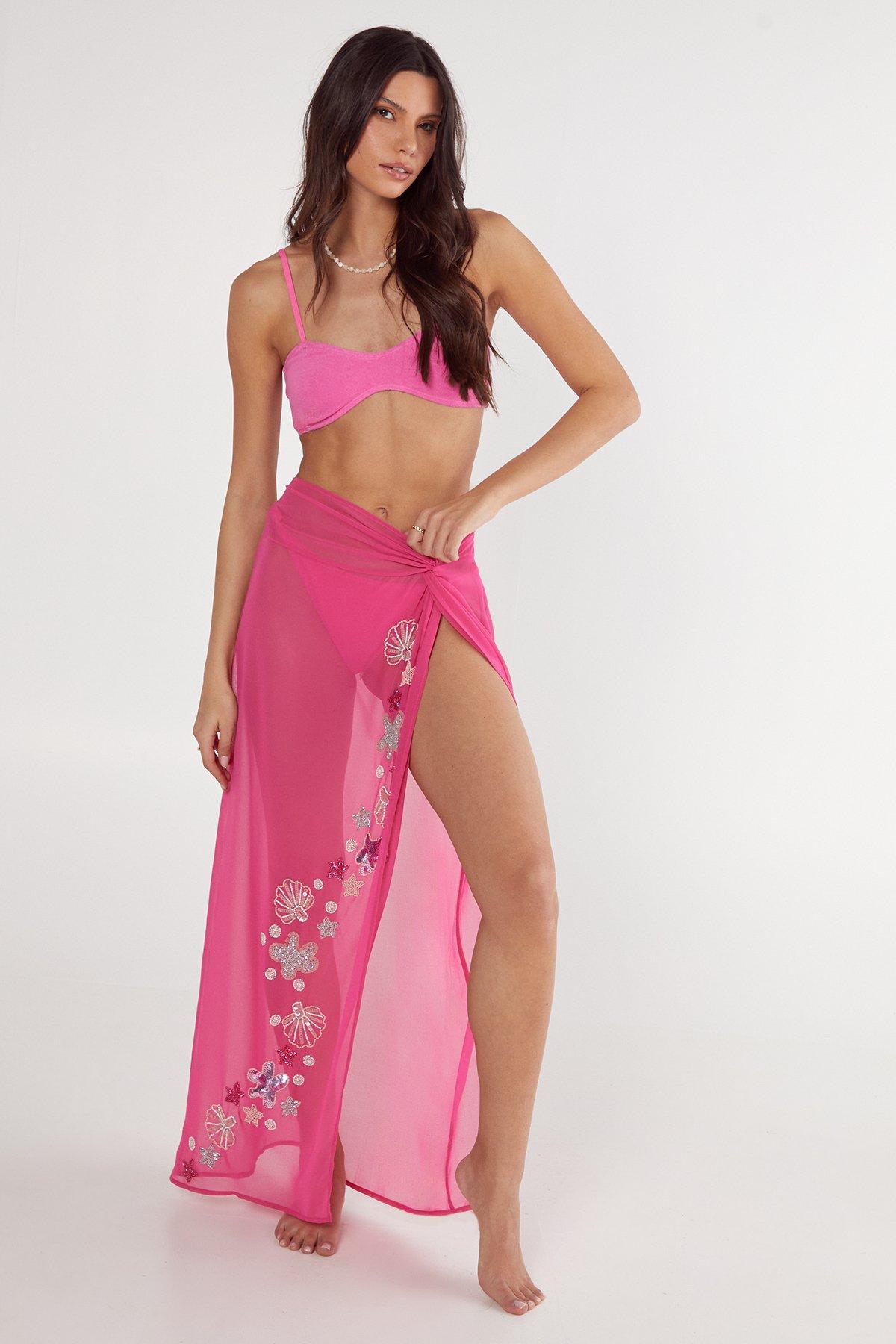 NastyGal Embellished Shell Knot Front Maxi Beach Skirt Pink image 1