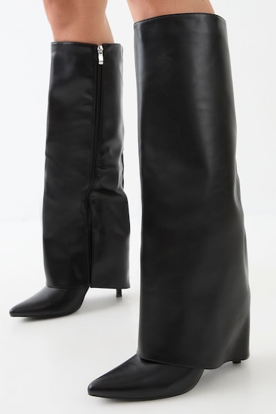 MissPap Faux Leather Foldover High Stiletto Knee High Boots Black