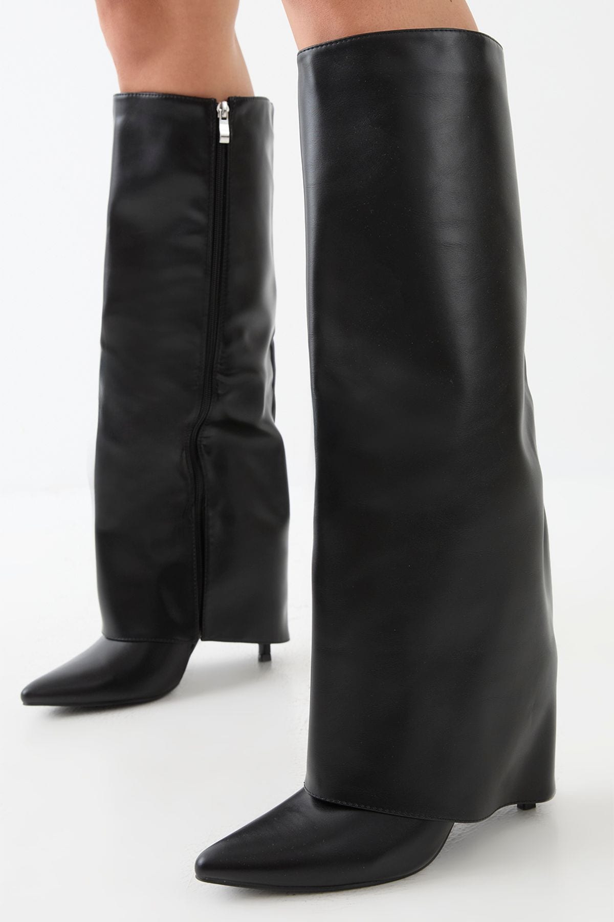 MissPap Faux Leather Foldover High Stiletto Knee High Boots Black image 1