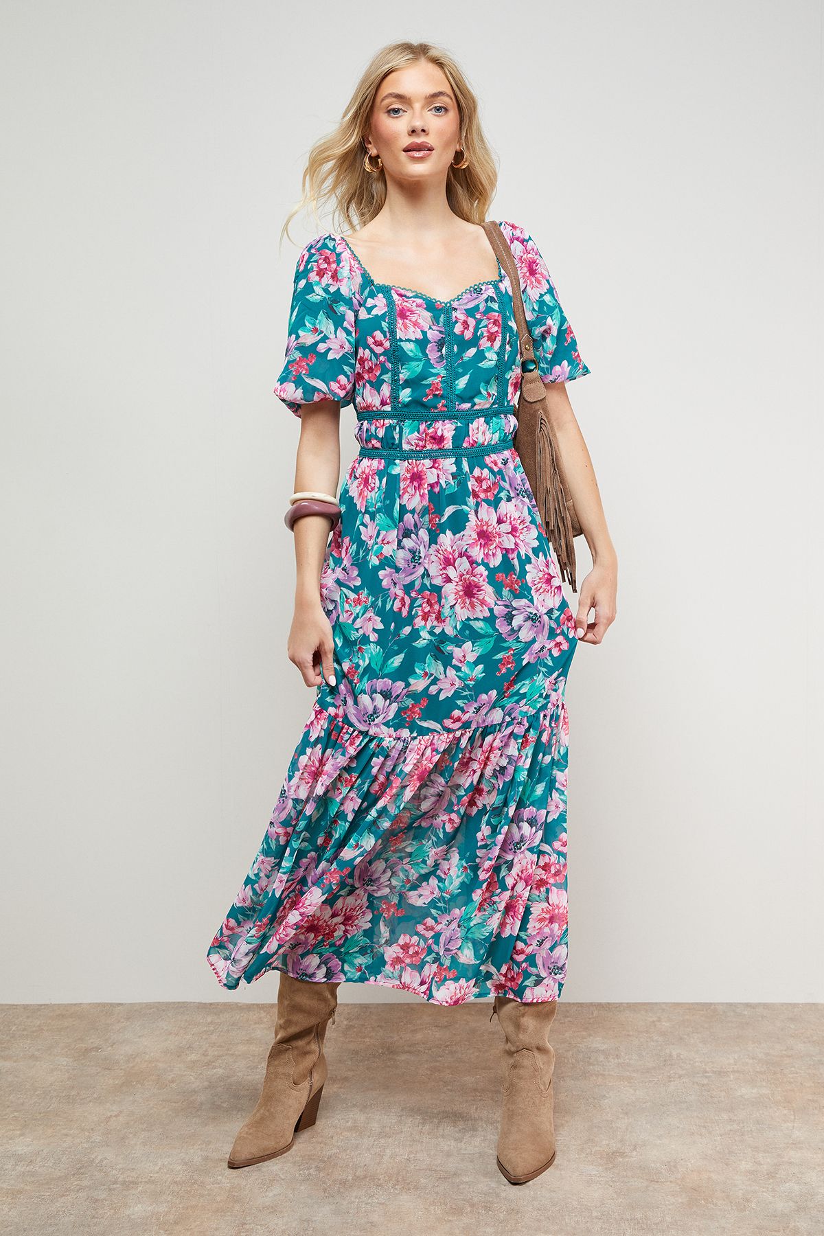 Oasis Lace Trim Puff Sleeve Midaxi Dress Green image 1