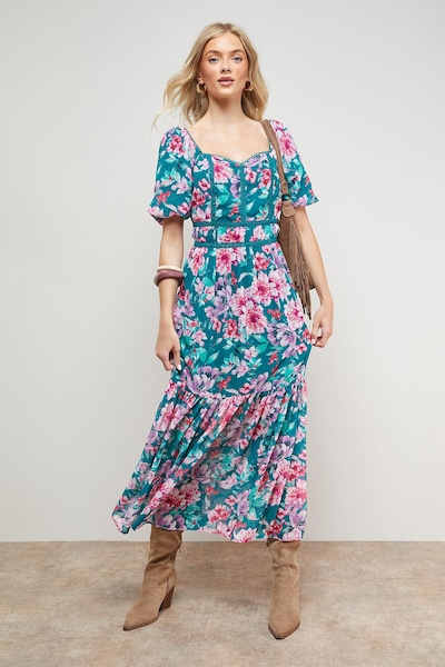 Oasis Lace Trim Puff Sleeve Midaxi Dress Green