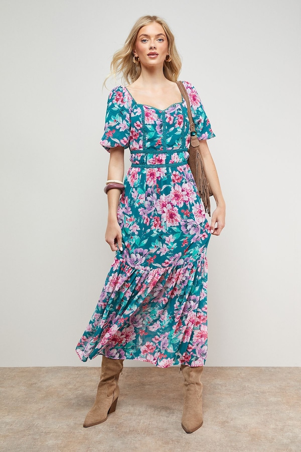 Oasis Lace Trim Puff Sleeve Midaxi Dress Green