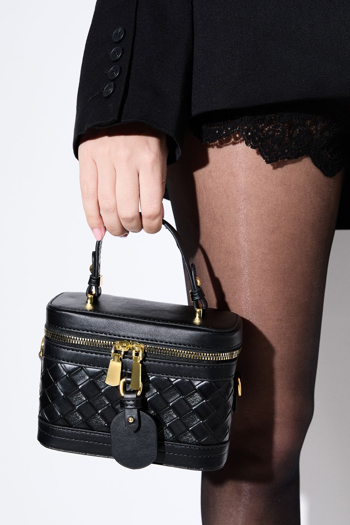 MissPap Faux Leather Quilted Vanity Bag With Crossbody Strap Black