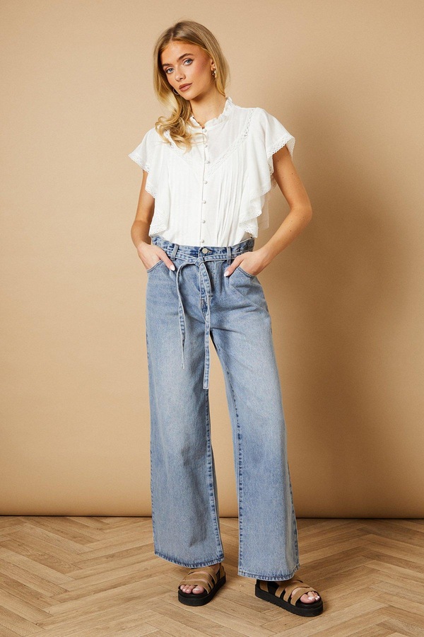 Oasis Denim Wide Leg Jean With Self Tie Light Wash