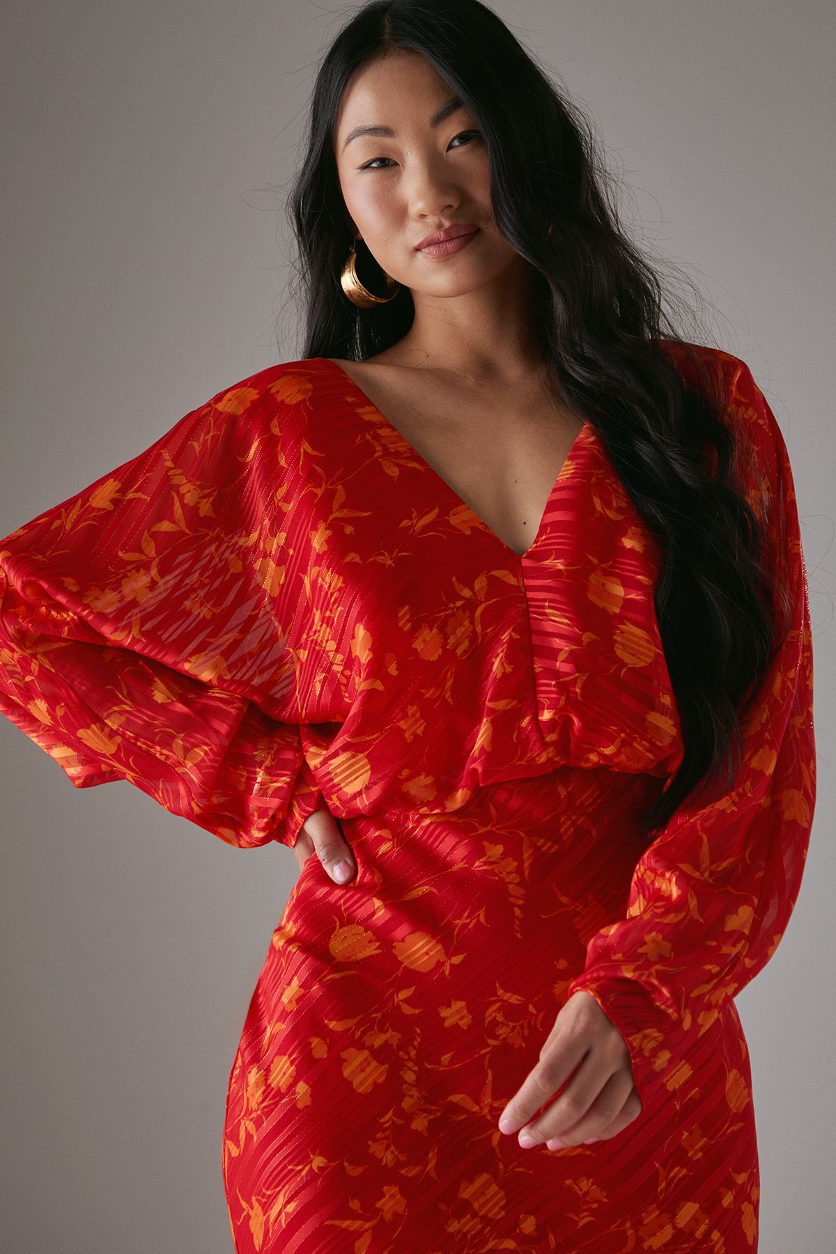 Warehouse Petite Shadow Stripe Batwing Plunge Neck Midi Dress Red image 2