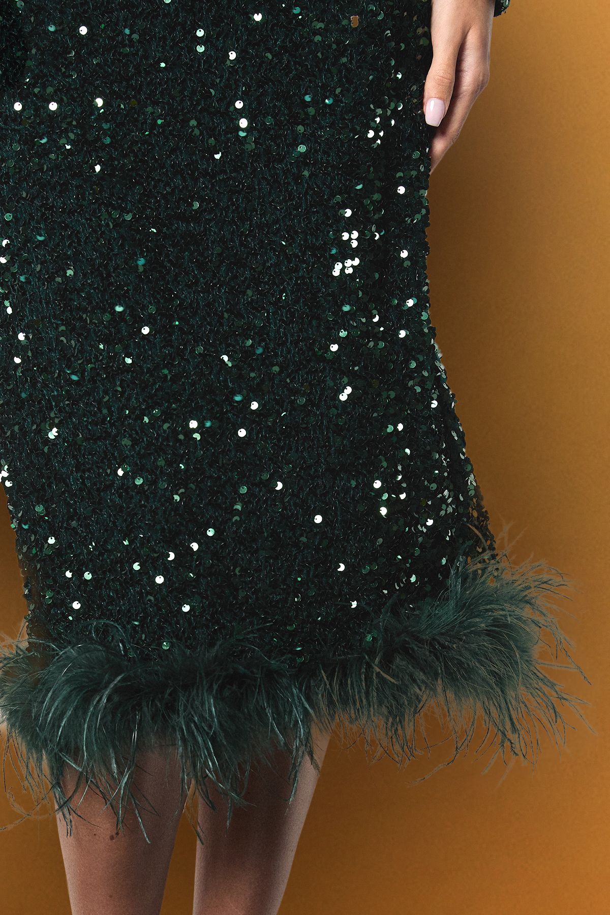 Coast Sequin Party Long Sleeve Midi Dress With Feather Hem Emerald image 4