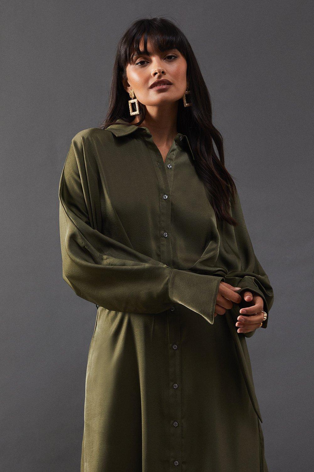 Warehouse Satin Batwing Split Side Midi Shirt Dress Olive image 2