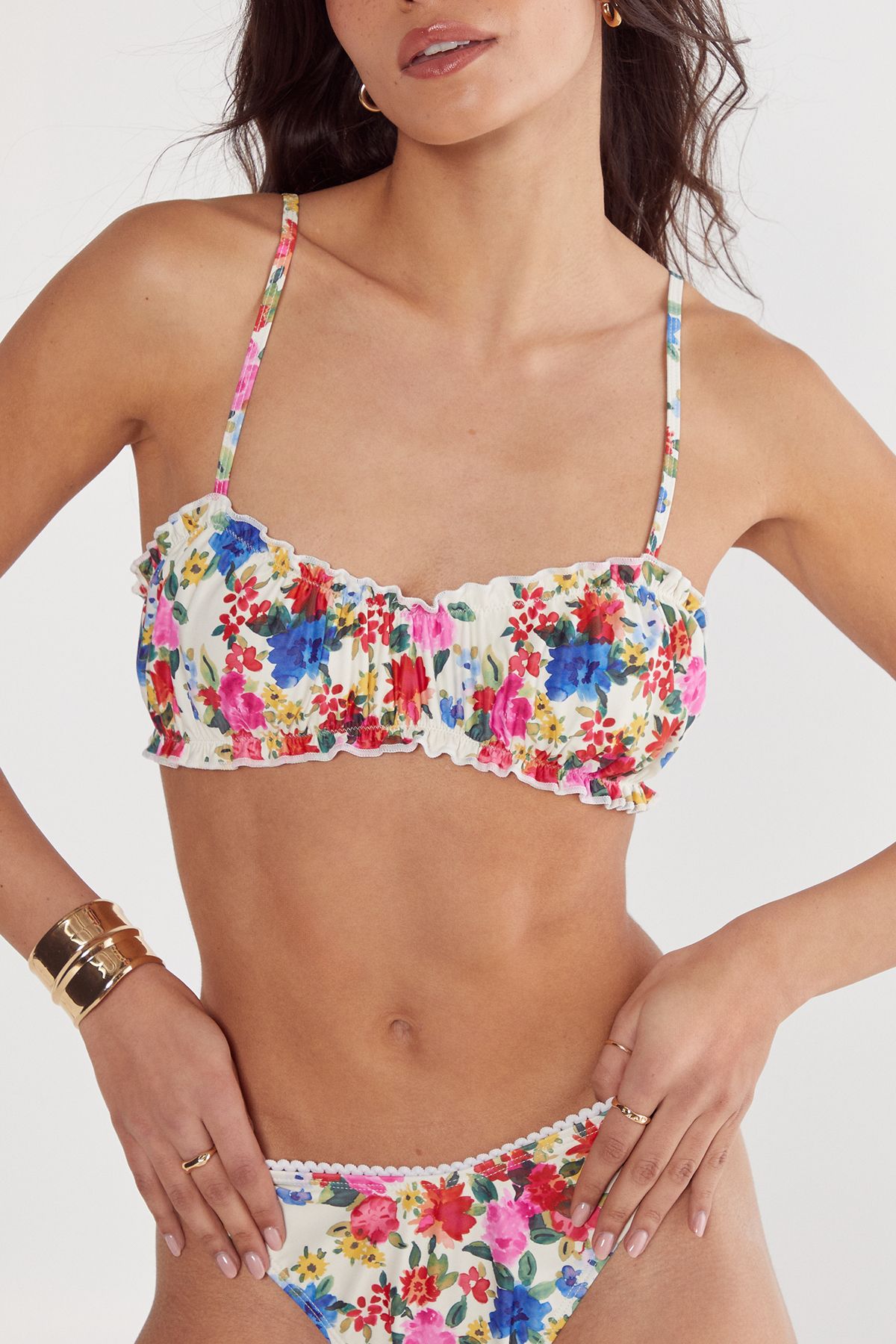 NastyGal Floral Ruffle Picot 3pc Bikini Set Cream image 2