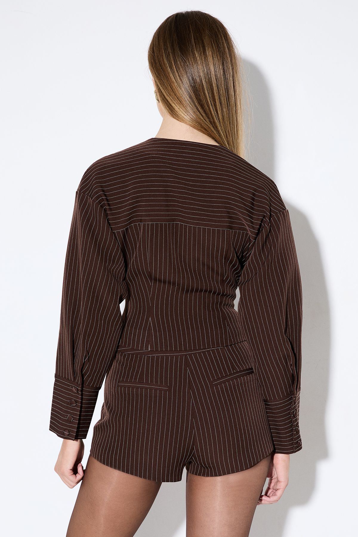 MissPap Collarless Pinstripe Tailored Jacket Chocolate image 3