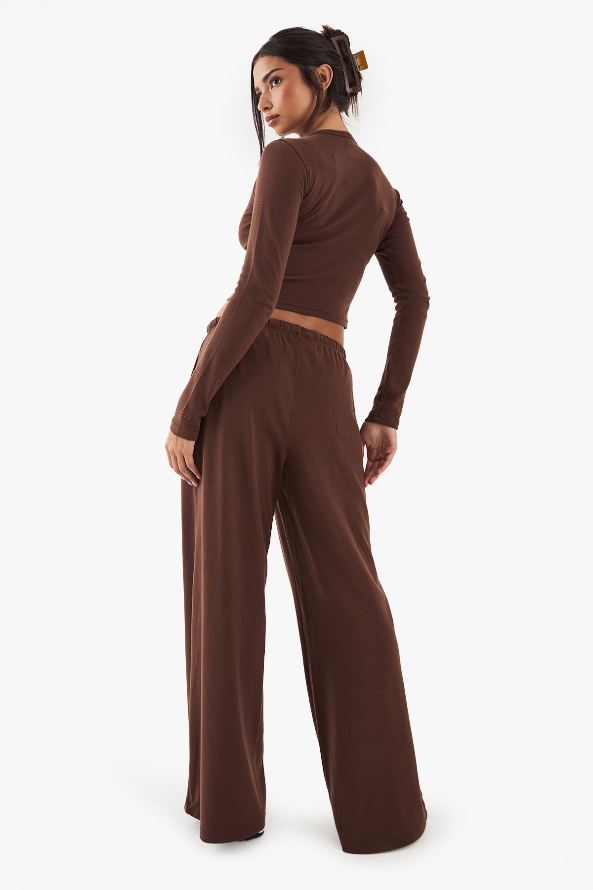 DSGN Studio DSGN Studio Embroidered Rib Wide Leg Trouser Chocolate image 2