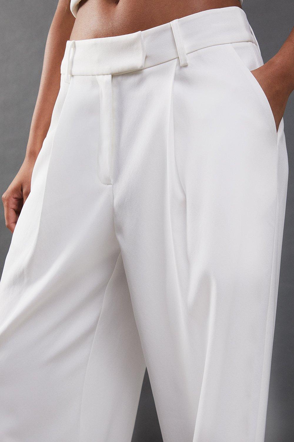 Warehouse Premium Wide Leg Turn Up High Waisted Trouser Ivory image 4