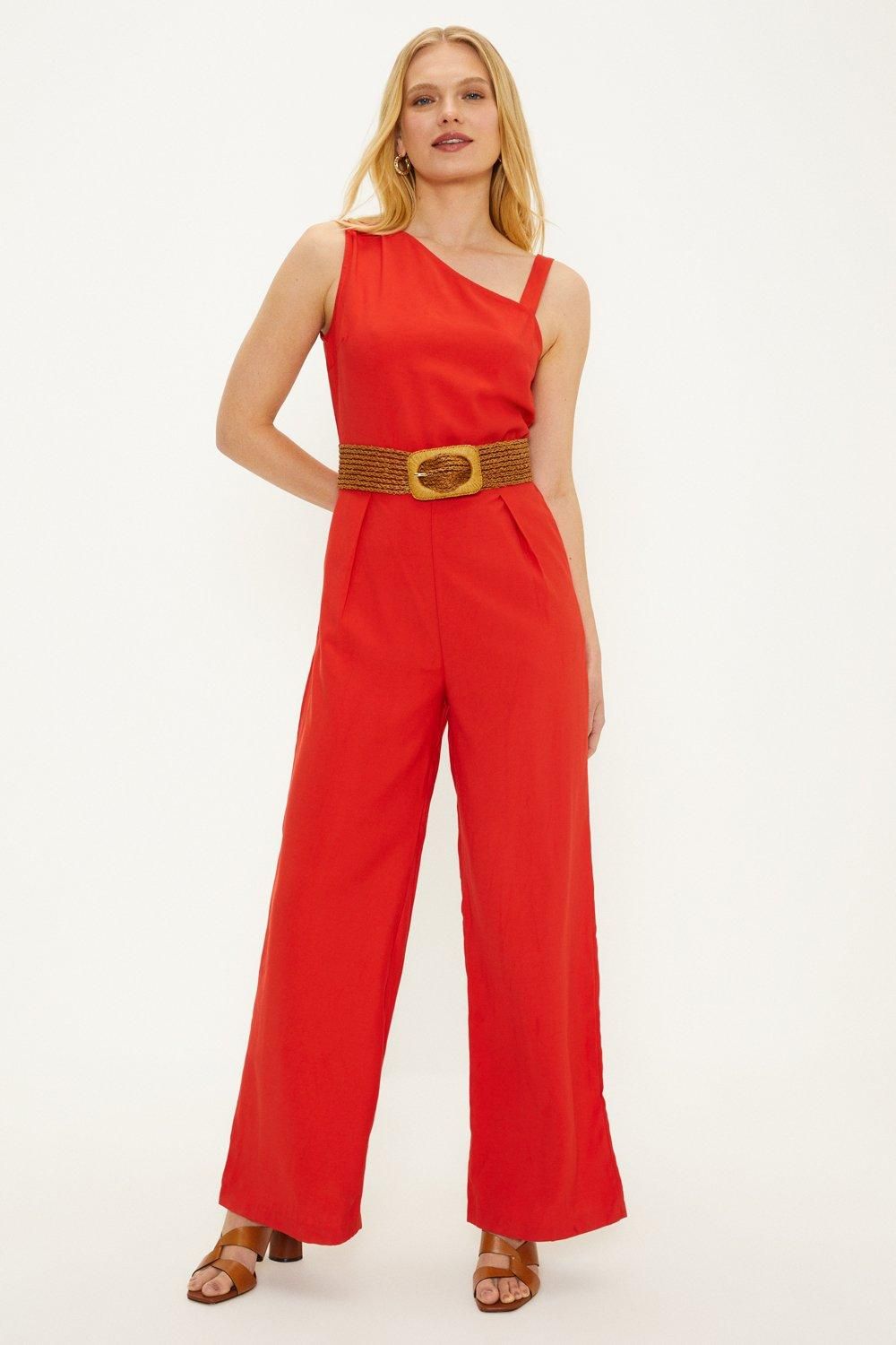 Oasis Bead Detail Asymmetric Jumpsuit Red