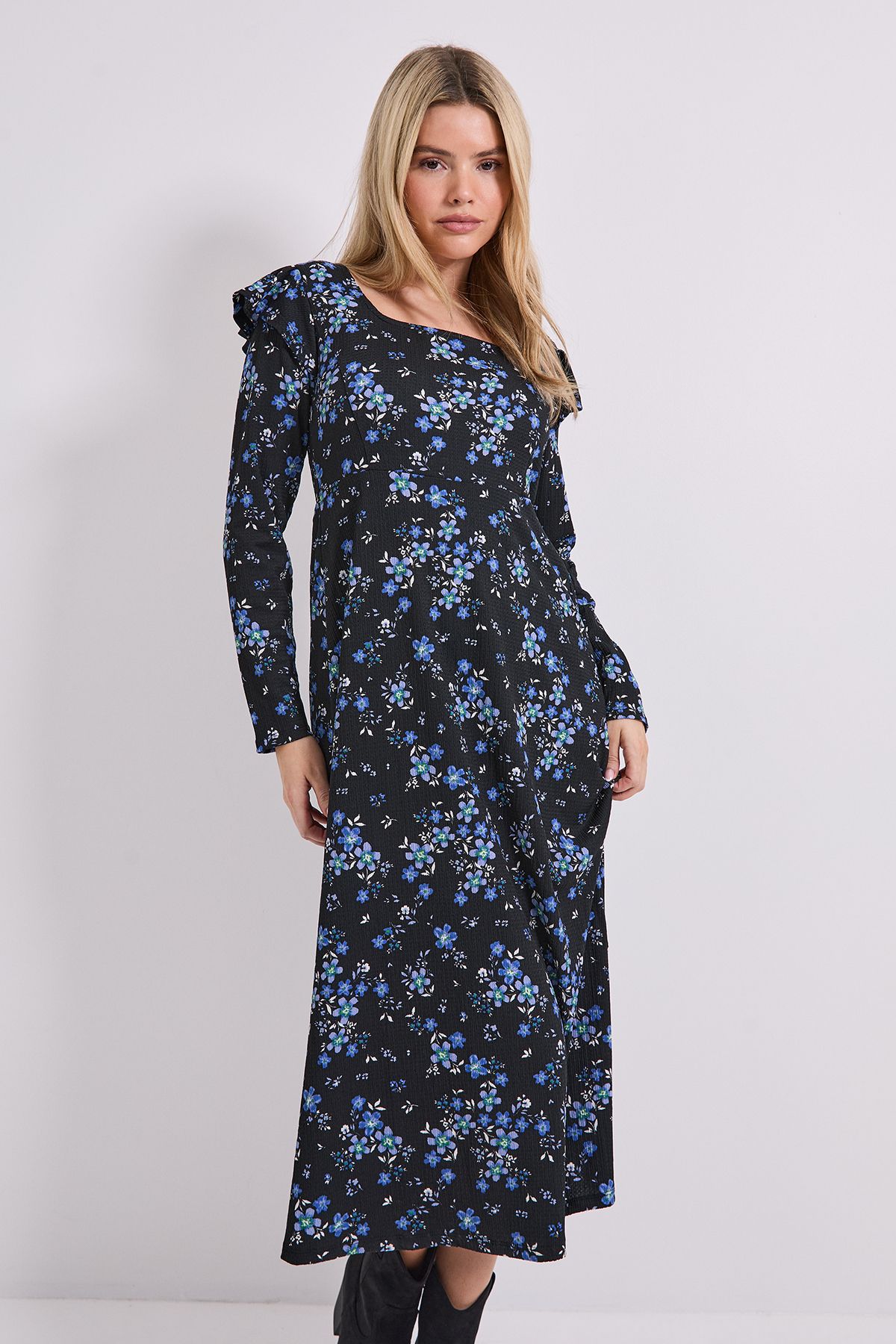 Dorothy Perkins Floral Square Neck Ruffle Shoulder Jersey Midi Dress Blue image 2