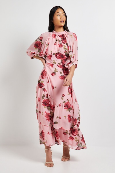 Dorothy Perkins DP Luxe Petite Printed Floral Chiffon Empire Waist Tiered Frill Maxi Dress Pink
