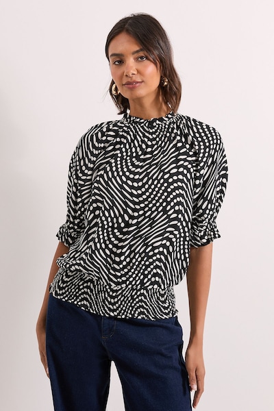 Dorothy Perkins Frill Neck Shirred Cuff Blouse Mono