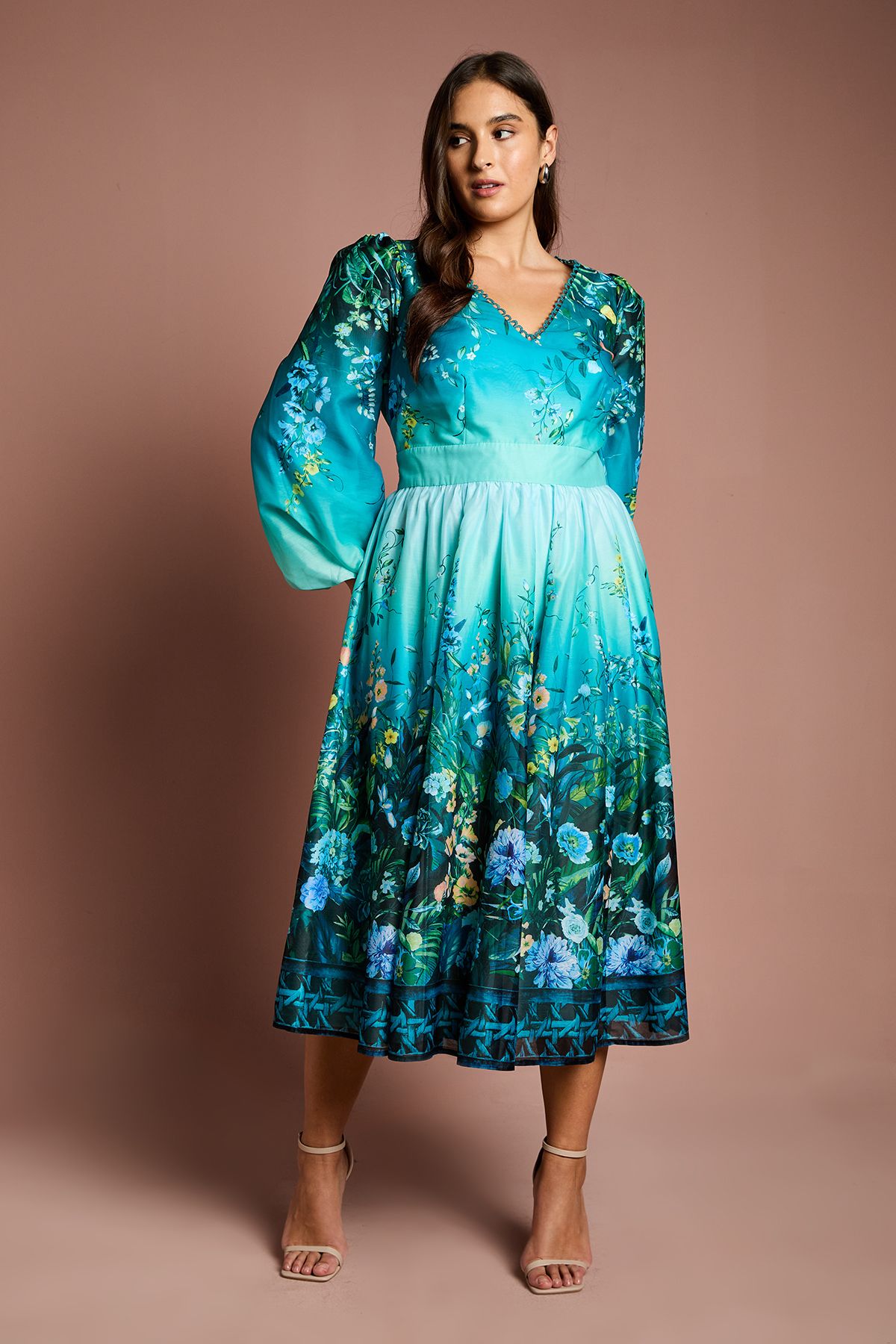 Coast Plus V Neck Long Sleeve Placement Print Organza Midi Dress Teal image 1