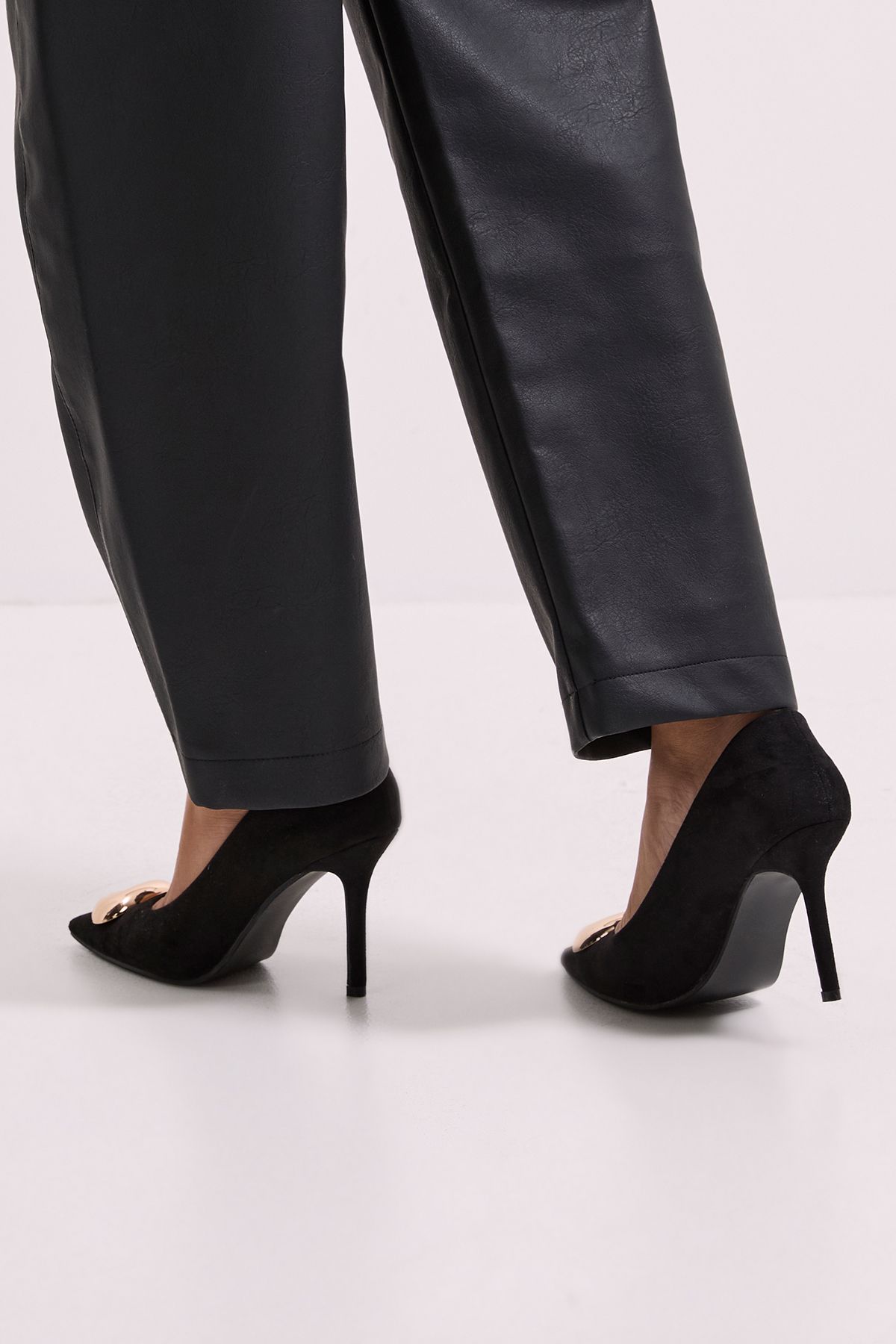 MissPap Faux Suede Metal Trim Detail High Stiletto Heel Court Shoes Natural Black image 4