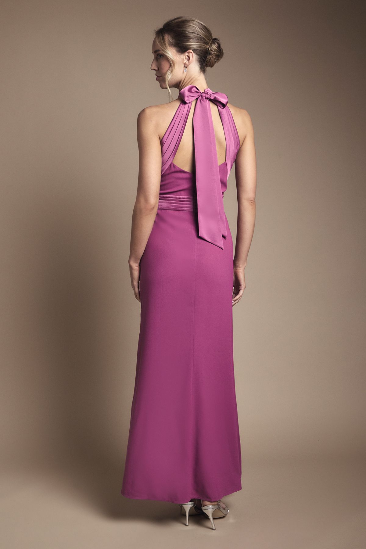 Oasis Halter Pleat Detail Maxi Bridesmaid Dress Pink image 3