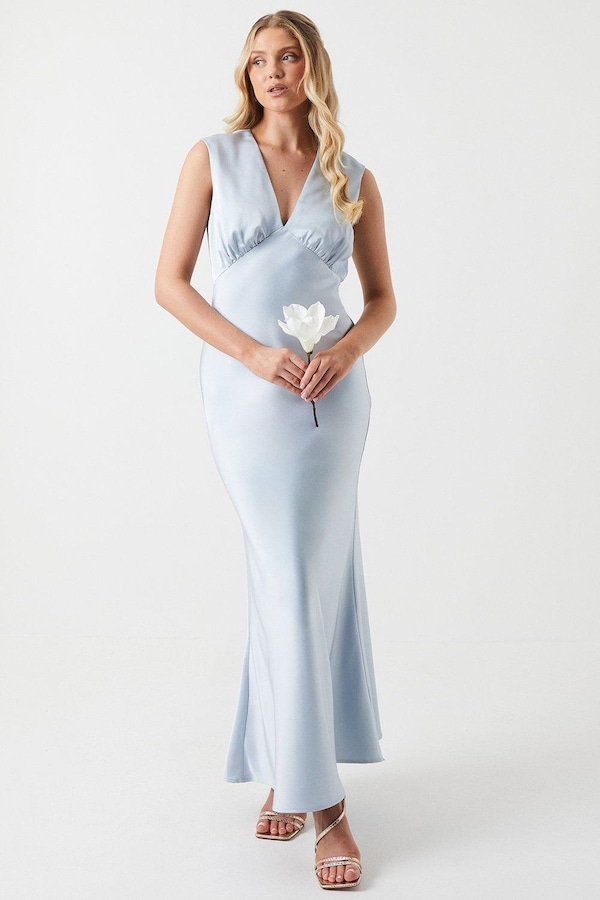 Oasis Satin Open Back Detail Maxi Bridesmaids Dress Light Blue