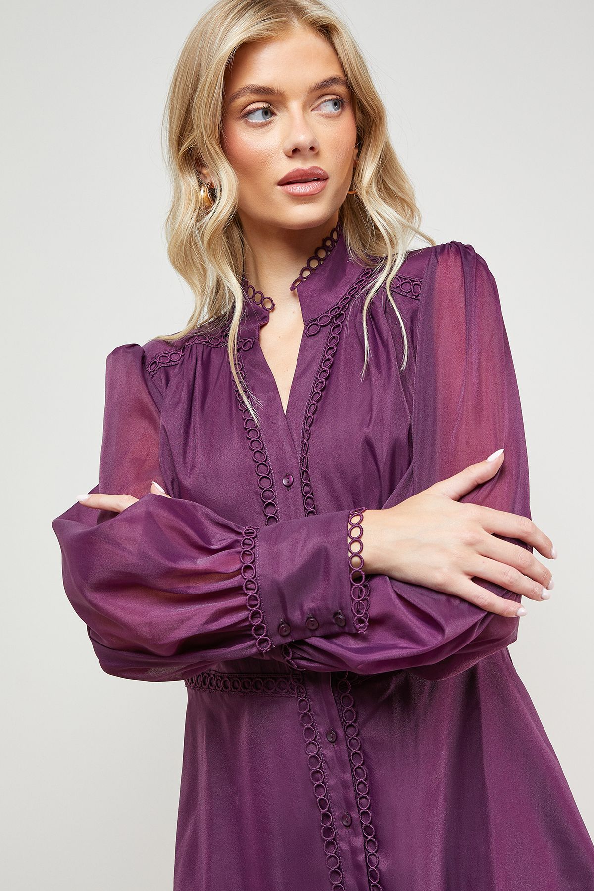 Oasis Organza Lace Trim Shirt Mini Dress Plum image 3