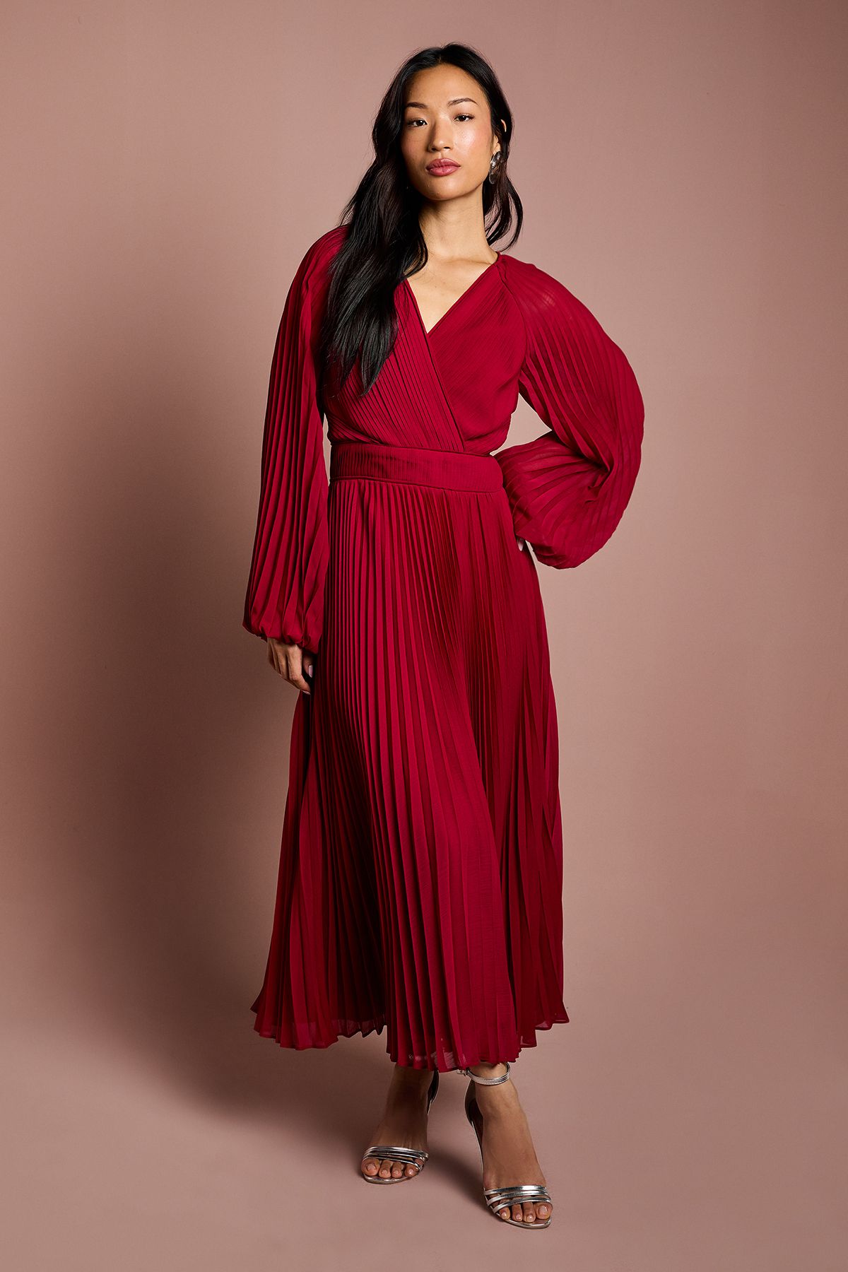 Coast Long Sleeve Chiffon Pleated Wrap Midi Dress Berry image 1