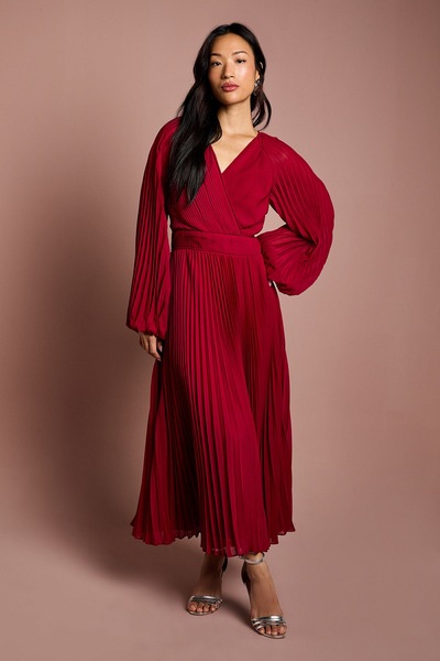 Coast Long Sleeve Chiffon Pleated Wrap Midi Dress Berry