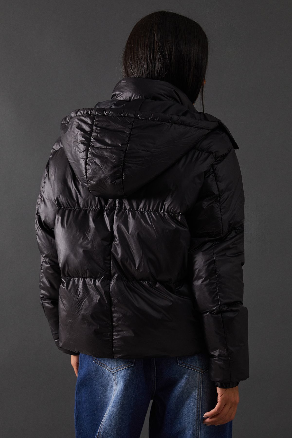 Warehouse Shiny Padded Puffer Coat Black image 3