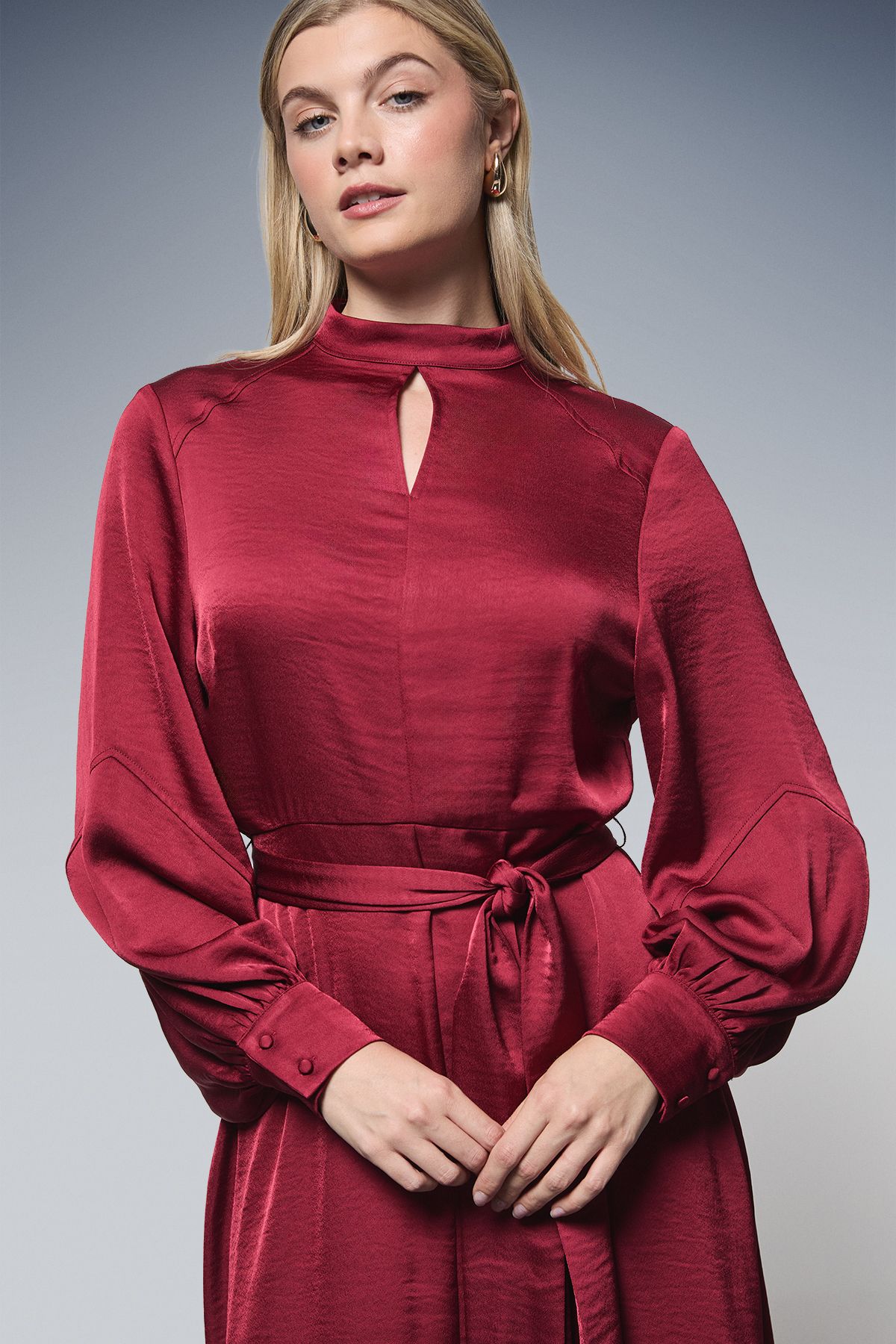 Principles Tie Waist High Neck Satin Midi Dress Wine image 4