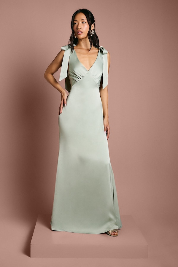 Coast Coast Honoured Petite Satin Back Crepe V Neck Tie Shoulder Maxi Bridesmaid Dress Sage