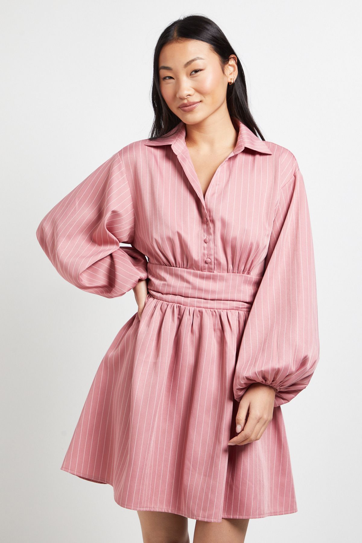 Dorothy Perkins Petite Pinstripe Collar Detail Gathered Waist Mini Dress Pink image 2