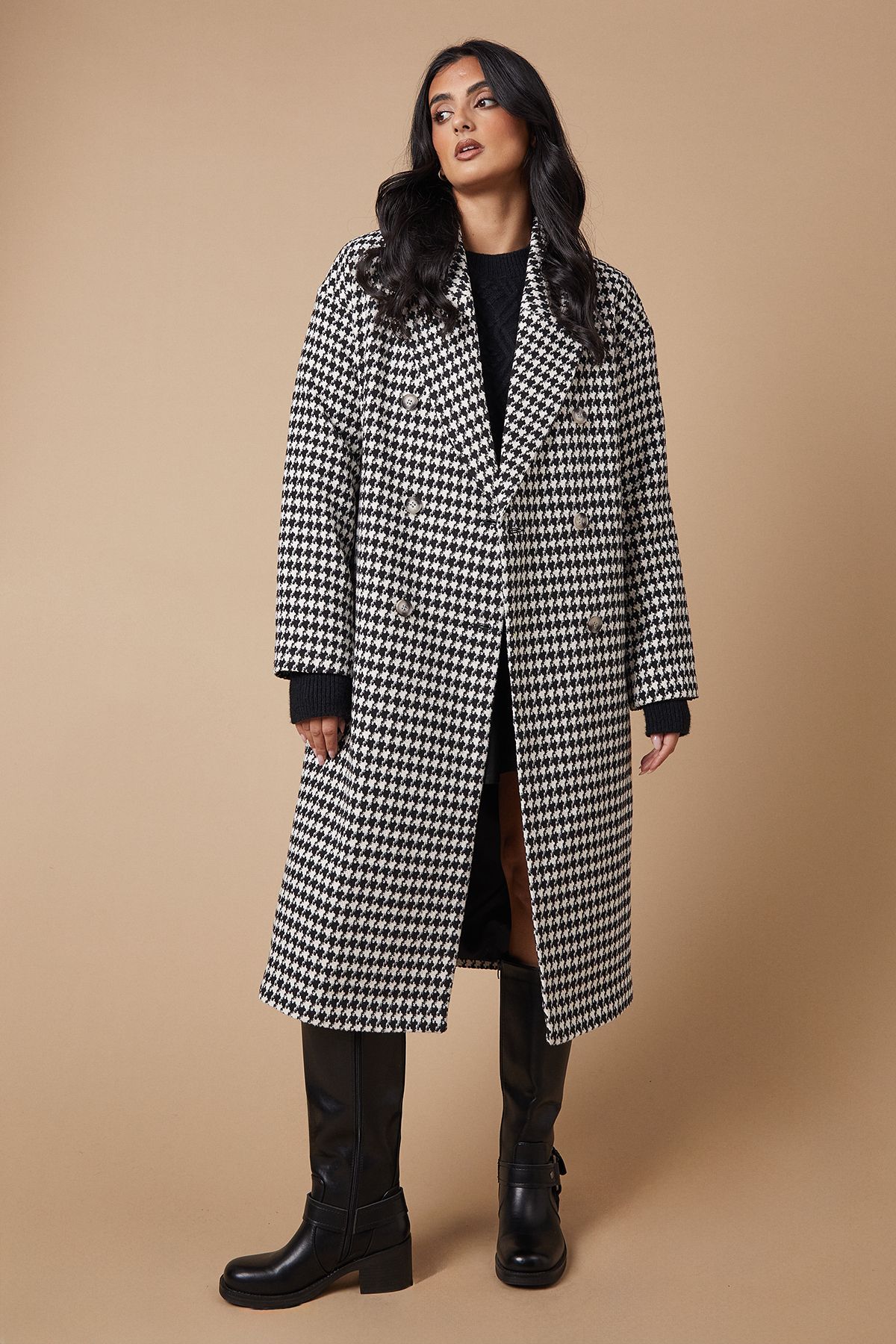 Oasis Checked Tab Back Detail Faux Wool Double Breasted Midi Coat Neutral image 1