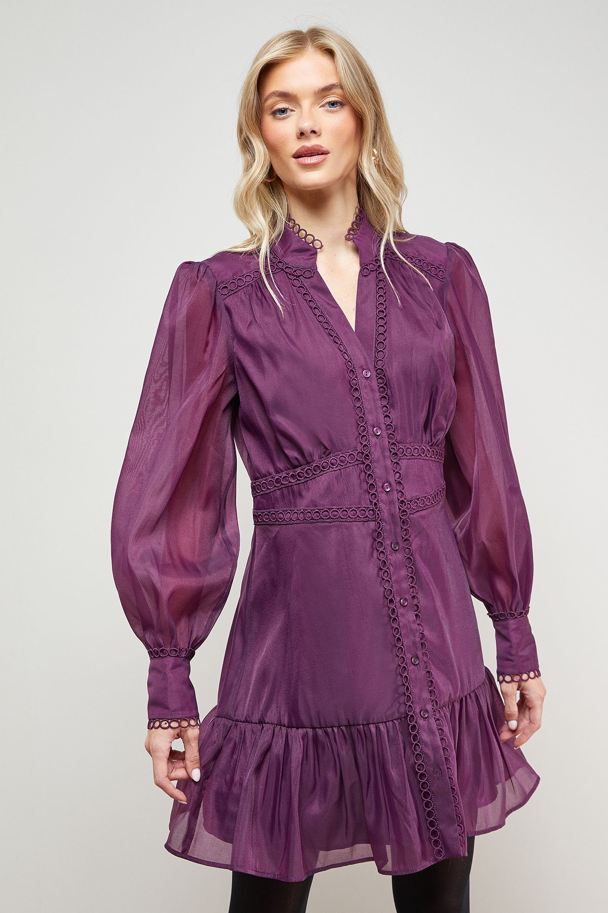 Oasis Organza Lace Trim Shirt Mini Dress Plum image 2