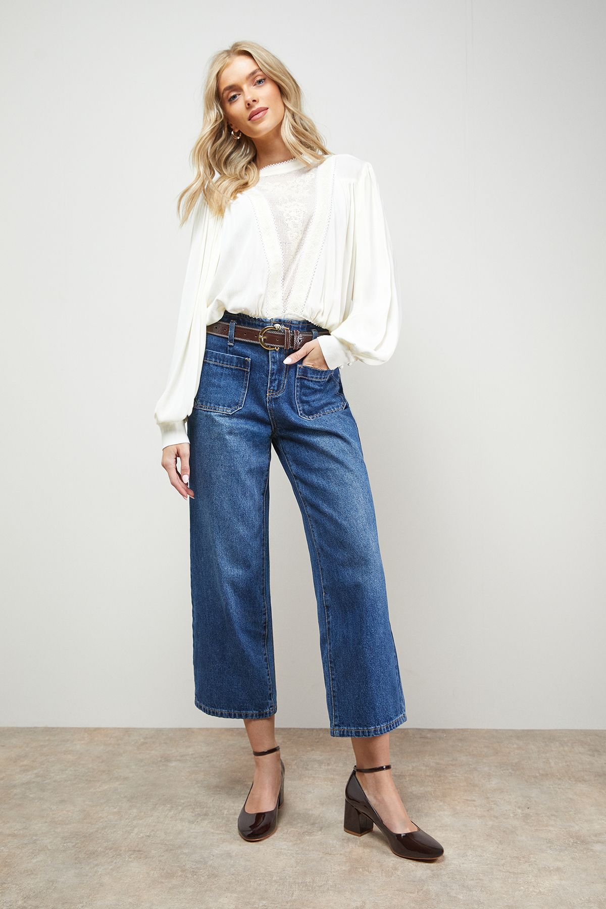 Oasis Venisha Faux Patent Leather Ankle Strap Medium Heel Court Shoes Chocolate image 2